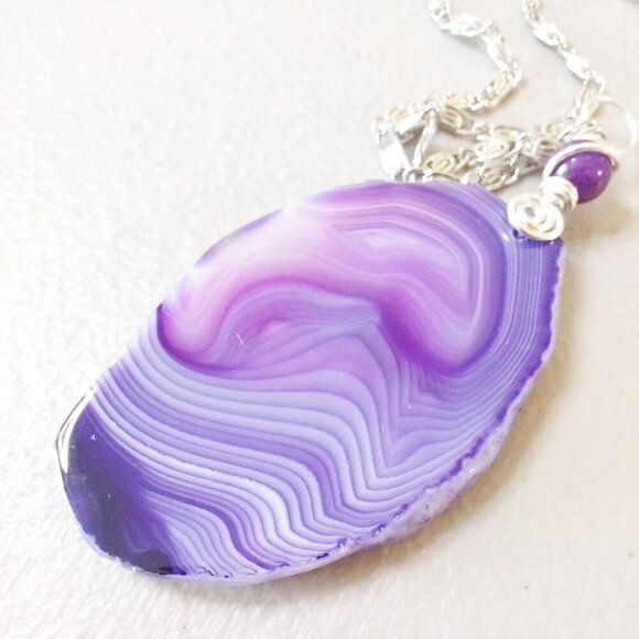 Purple Agate Geode Statement Necklace! Big Bold & Bodacious! Lilac Lavender Plum - Picture 6 of 8